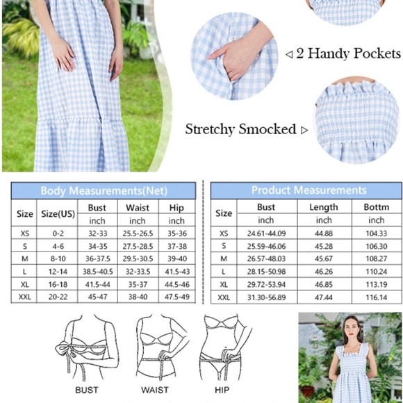 Ruffle Plaid Gingham Long Dress Shirred Stretchy Strap Flowy Retro Dress Beige - Picture 4 of 7